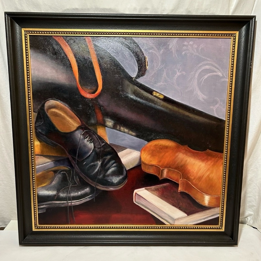 Oil on Canvas Painting Carol Myer Signed Still Life Musician Music Instruments